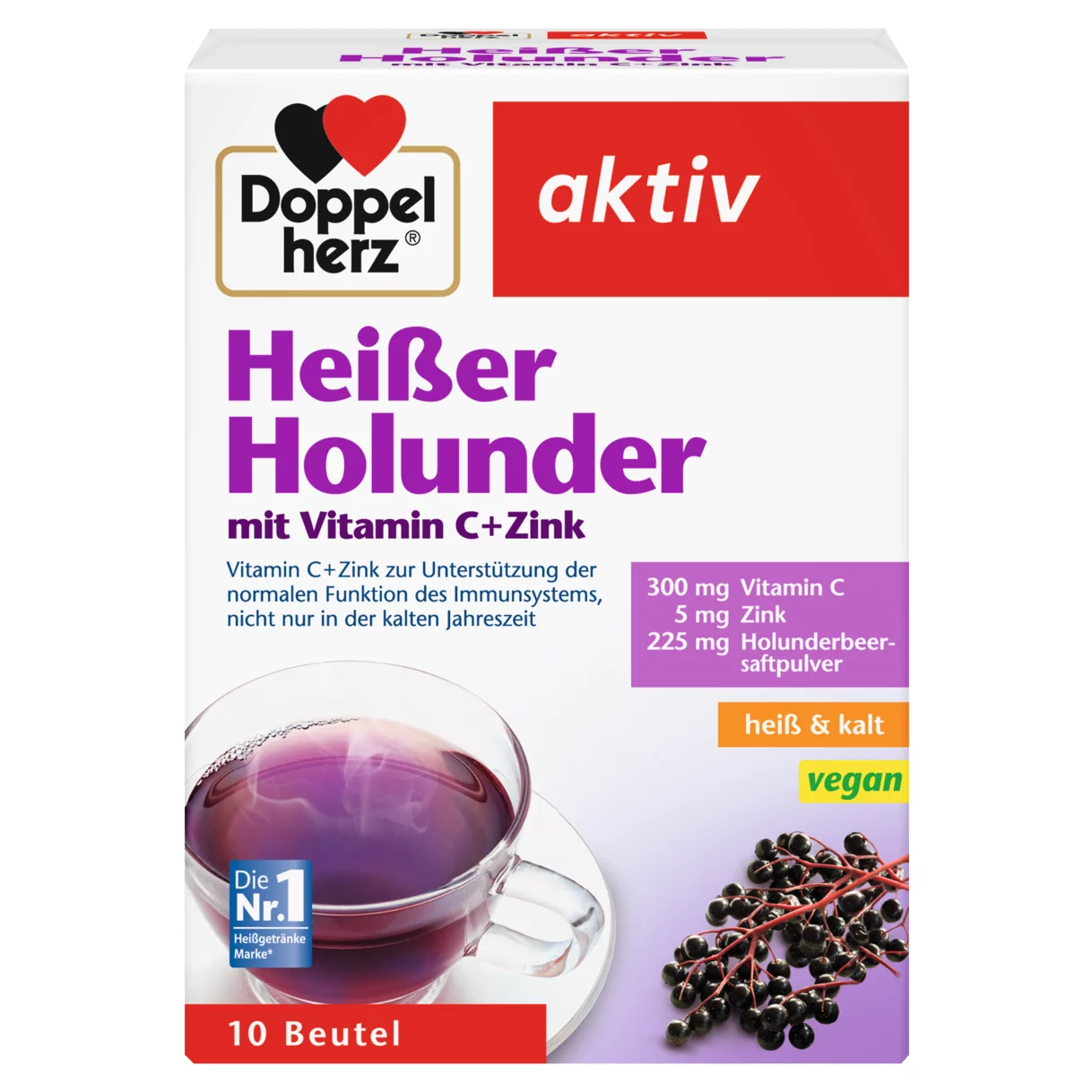 Abbildung der Produktverpackung Doppelherz aktiv Heißer Holunder Frontansicht